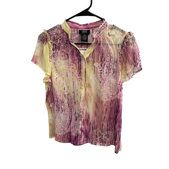 Allison Morgan Ruffle Paisley Button Front Shirt Purple Yellow Sz Small Boho NWT - Picture 1 of 10